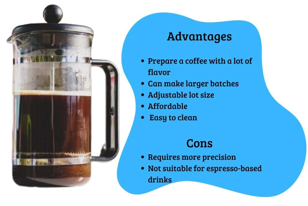 Advantages – Prepare a coffee with a lot of flavor – Can make larger batches – Adjustable lot size Affordable Easy to clean Cons – Requires more precision – Not suitable for espresso based dri 4