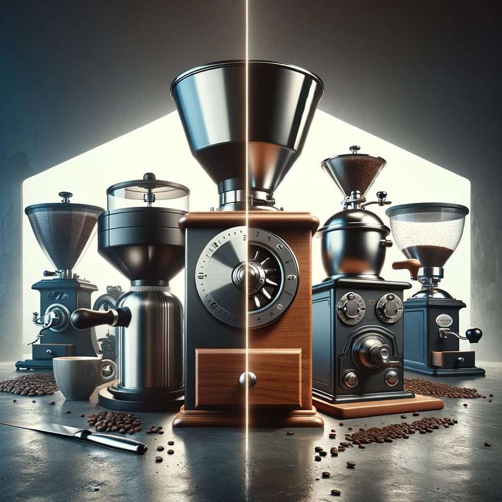 DALL·E 2023 11 30 16.20.49 A creative and visually engaging image representing a versus theme between a flat burr coffee grinder and a conical burr coffee grinder. The image s