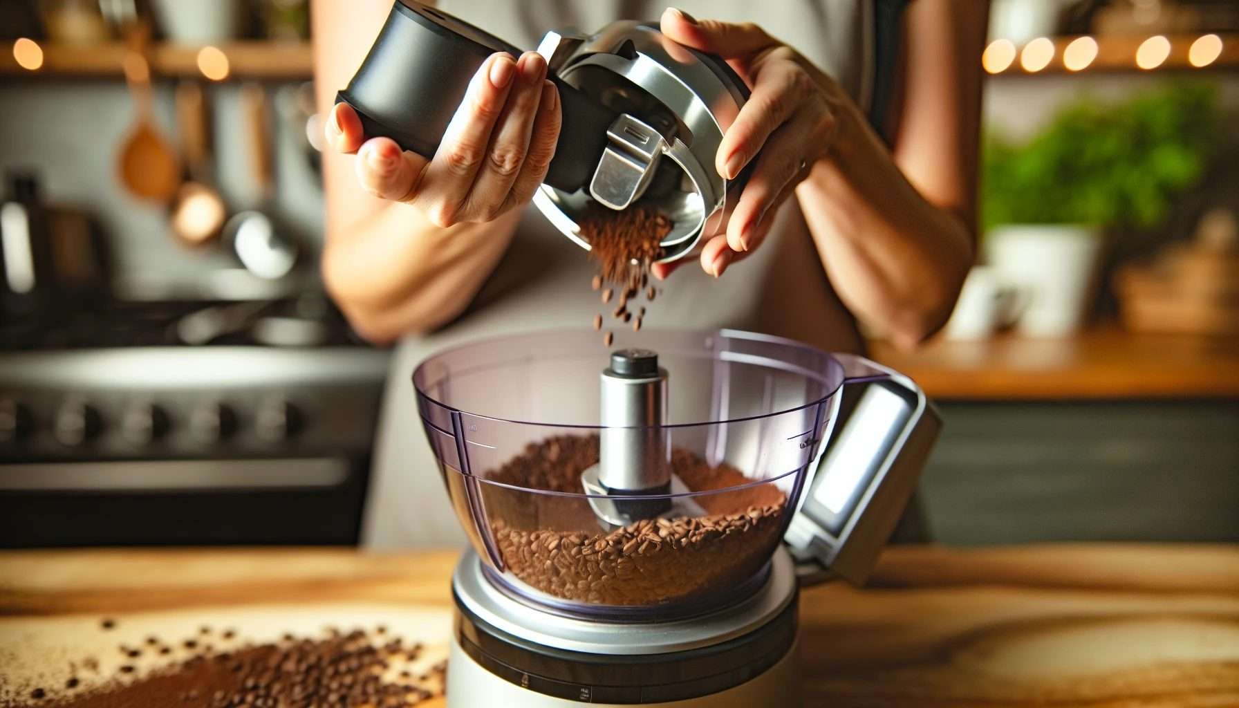 Pulsing coffee beans in a food processor