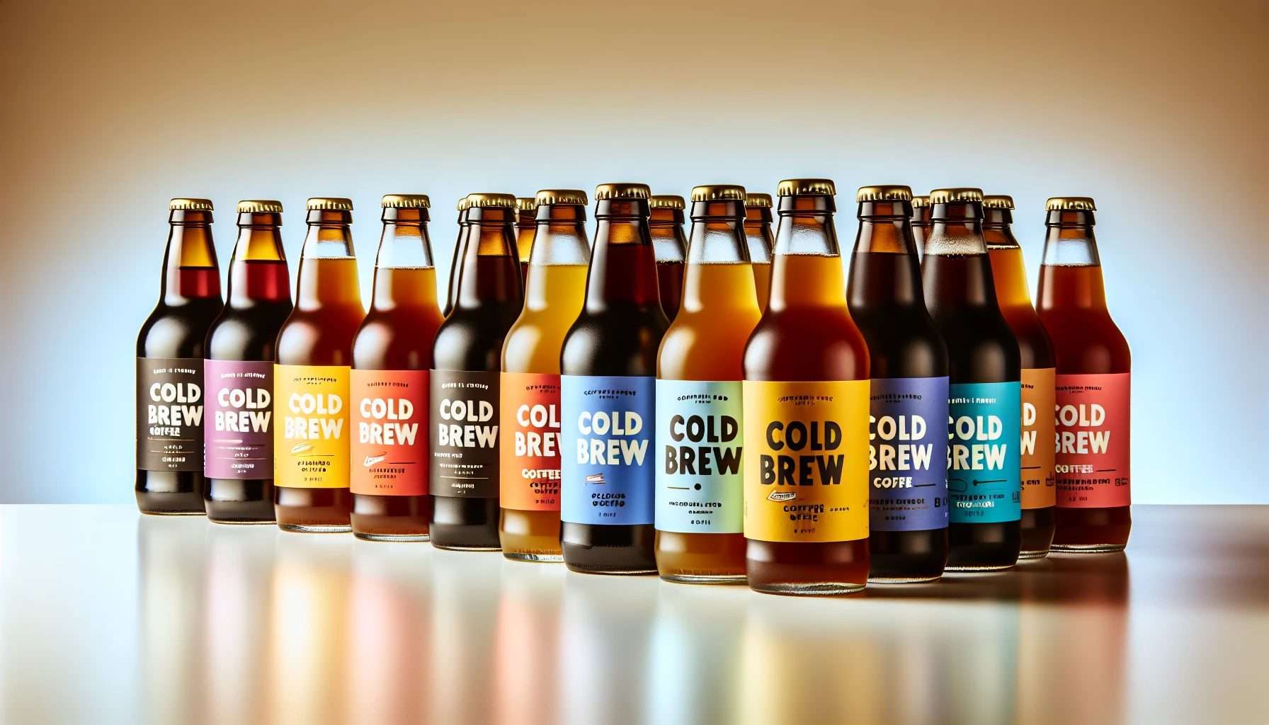 Assortment of flavored cold brew coffee in glass bottles with colorful labels