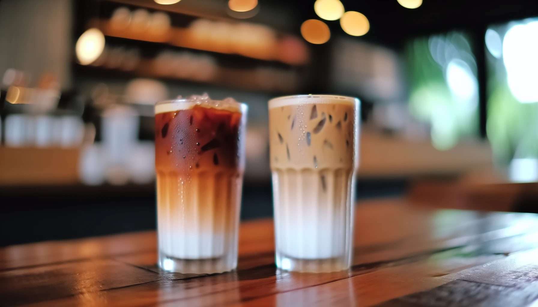 A refreshing iced macchiato and iced latte on a table