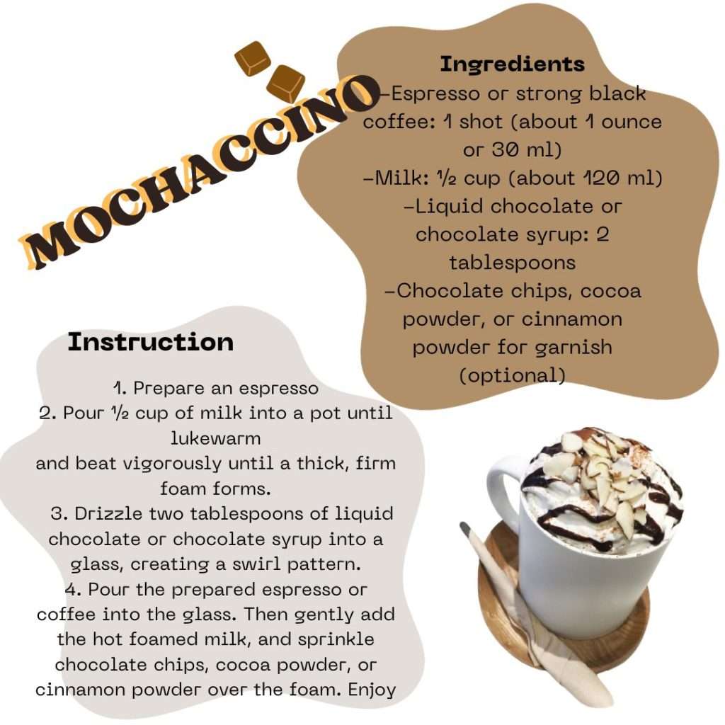 Ingredients Espresso or strong black coffee 1 shot about 1 ounce or 30 ml Milk ½ cup about 120 ml Liquid chocolate or chocolate syrup 2 tablespoons Chocolate chips cocoa powder or cinnam