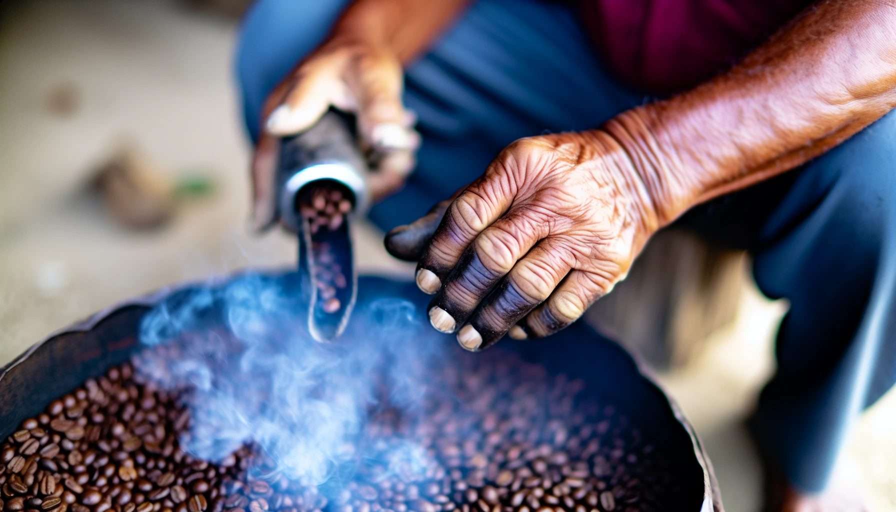 Ecuadorian coffee beans being hand-roasted in a traditional method