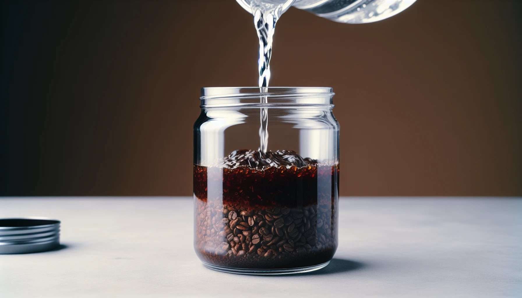 Coarsely ground coffee beans in a glass jar with cold water, beginning the cold brew process