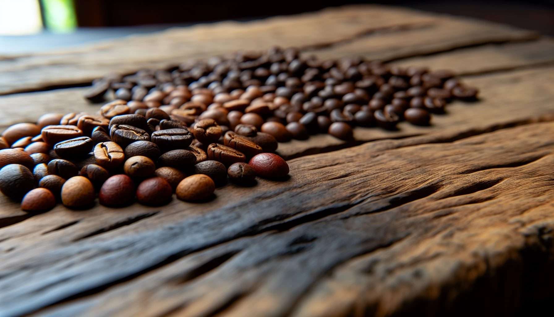 Sumatra coffee beans on a wooden table