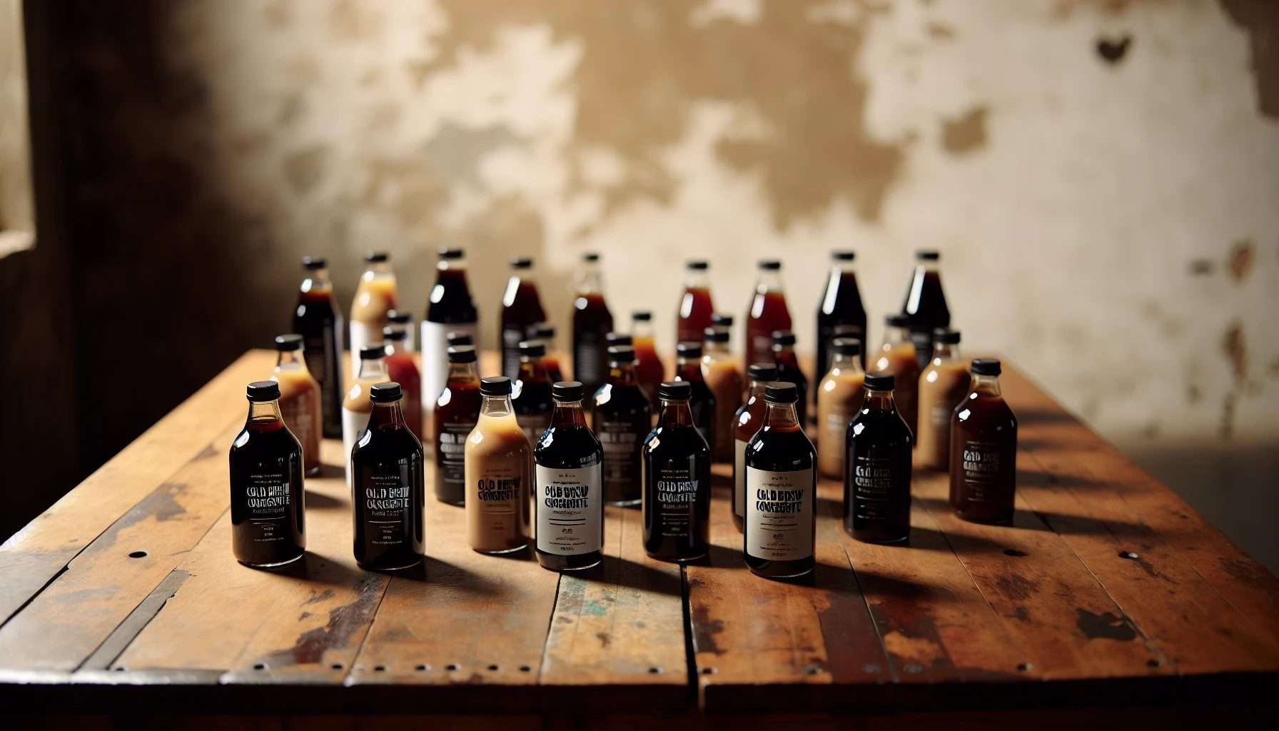 Selection of cold brew concentrate bottles with varying strengths and flavors