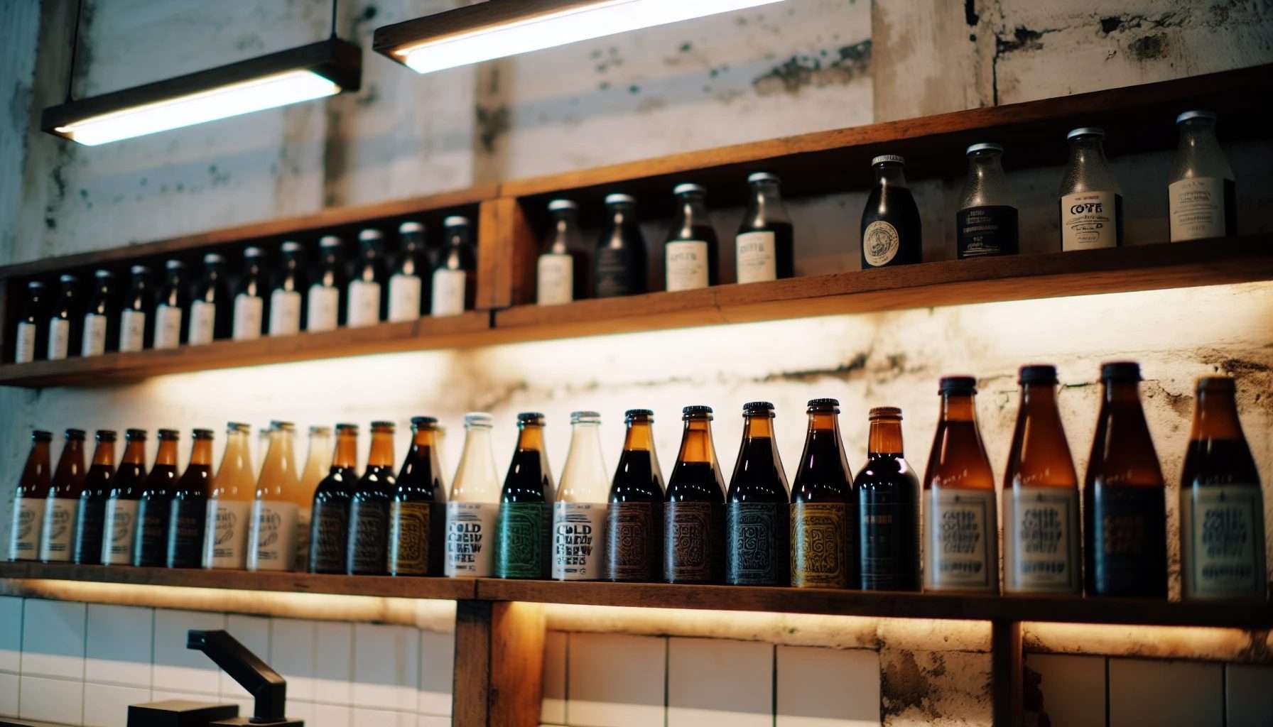 Variety of bottled cold brew coffee brands on display in a coffee shop