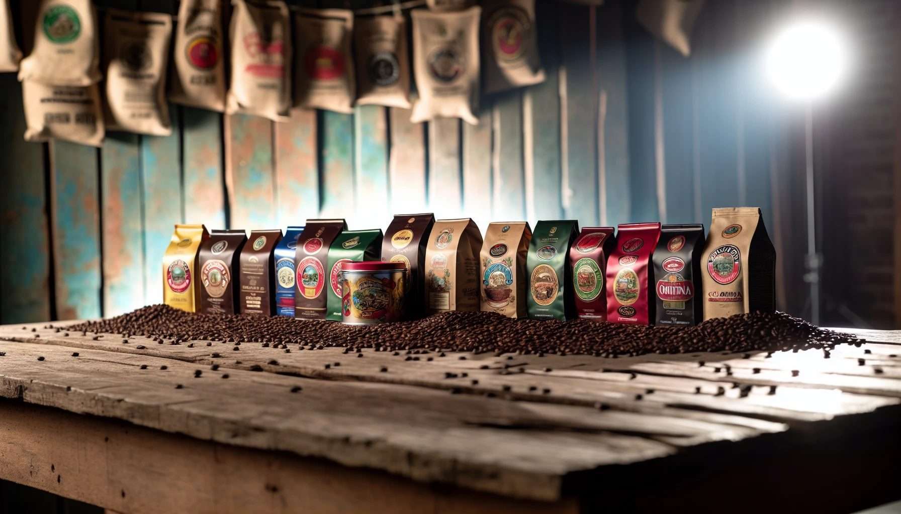 A variety of Colombian coffee brands displayed on a wooden table with coffee beans scattered around