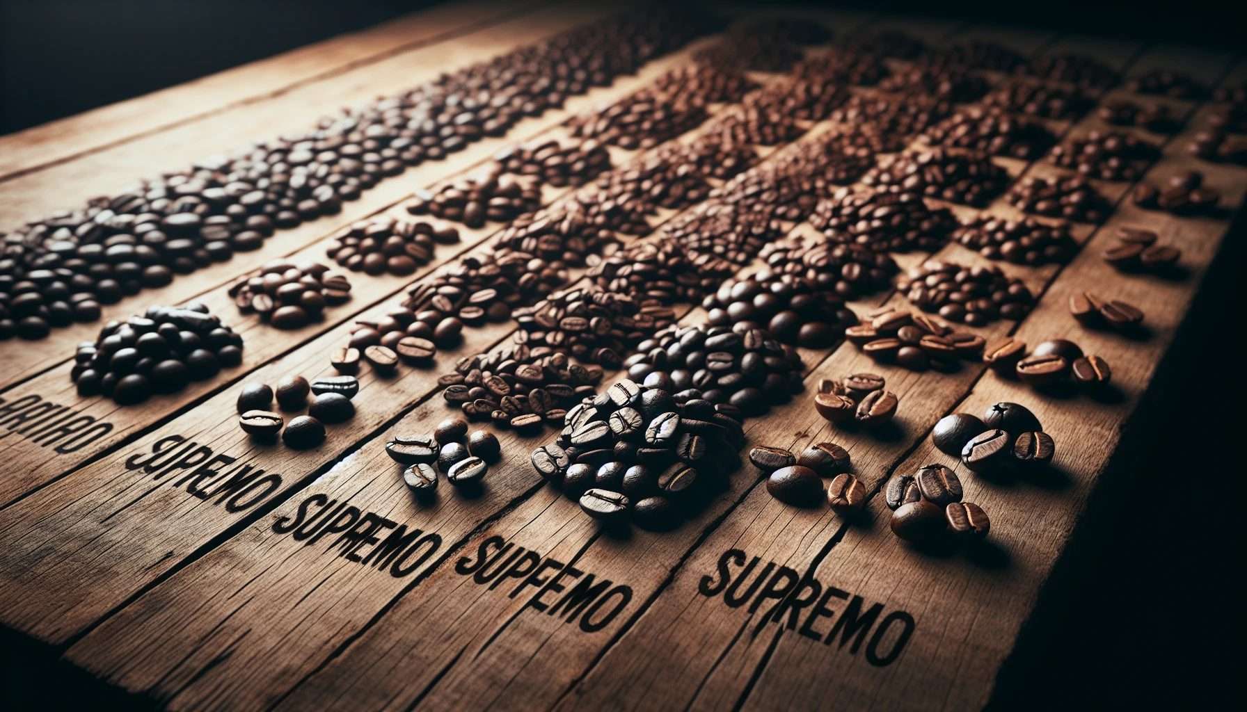 Different grades of Colombian coffee beans in comparison, with Supremo being the largest and highest quality