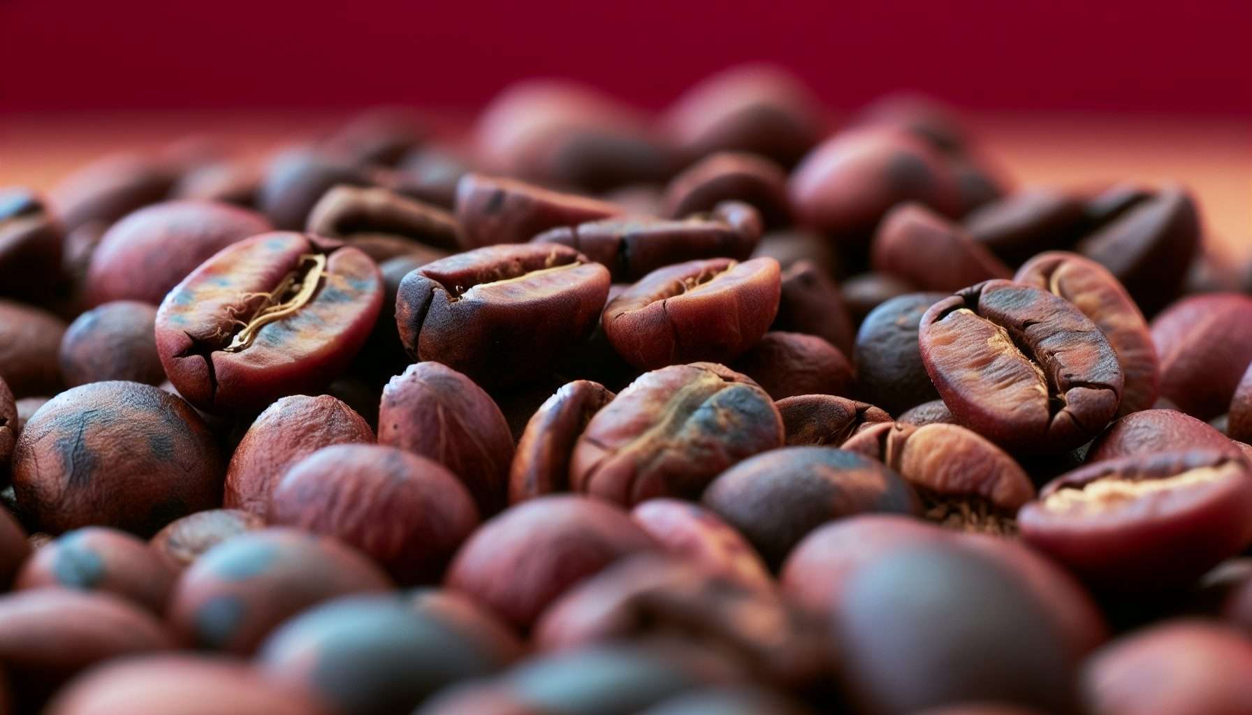 A close-up of Peruvian coffee beans with chocolate and fruity notes