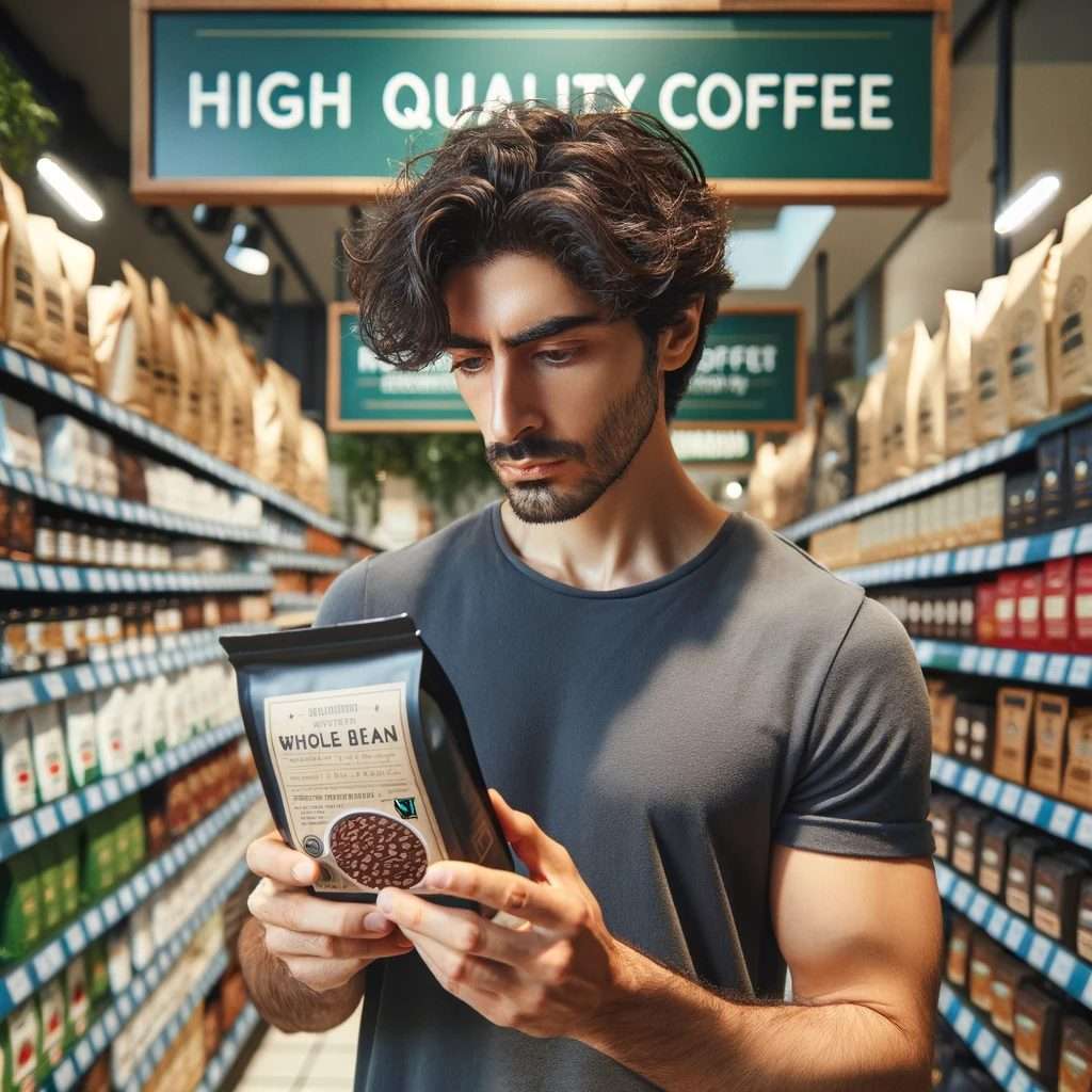 DALL·E 2023 12 23 14.03.04 A person of Middle Eastern descent standing in the coffee aisle of a grocery store examining a package of whole bean coffee with a discerning eye. Th