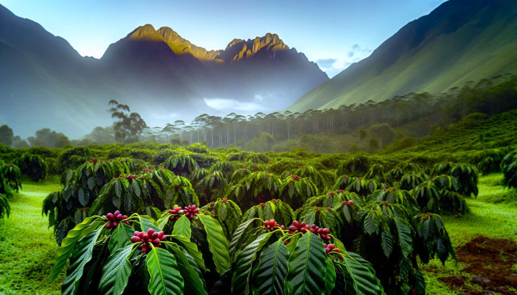 A scenic view of a coffee farm in the Andes mountains of Peru