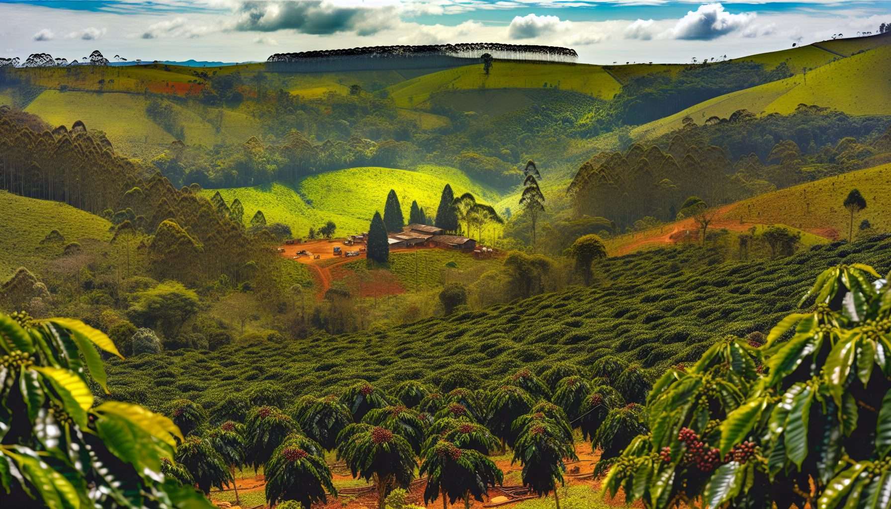 A panoramic view of a lush Brazilian coffee farm