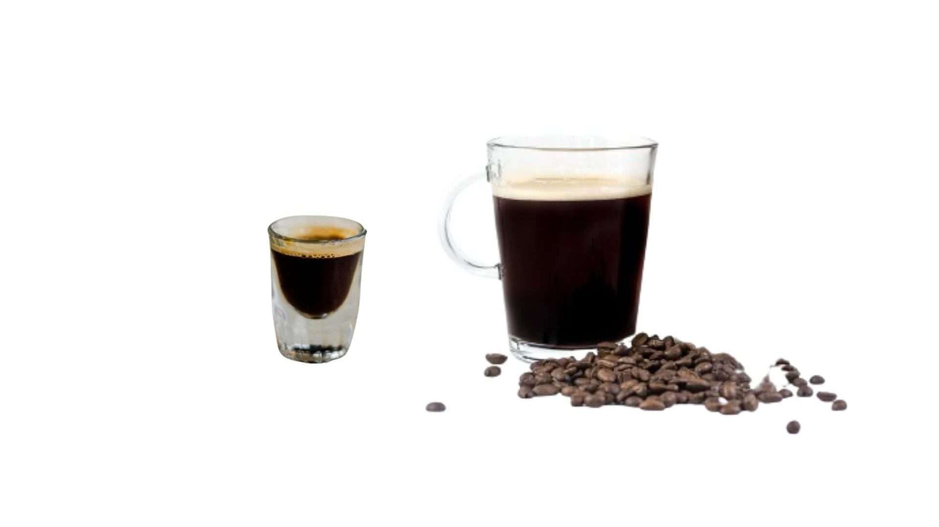 A clear glass mug filled with Red Eye coffee next to a shot of espresso 