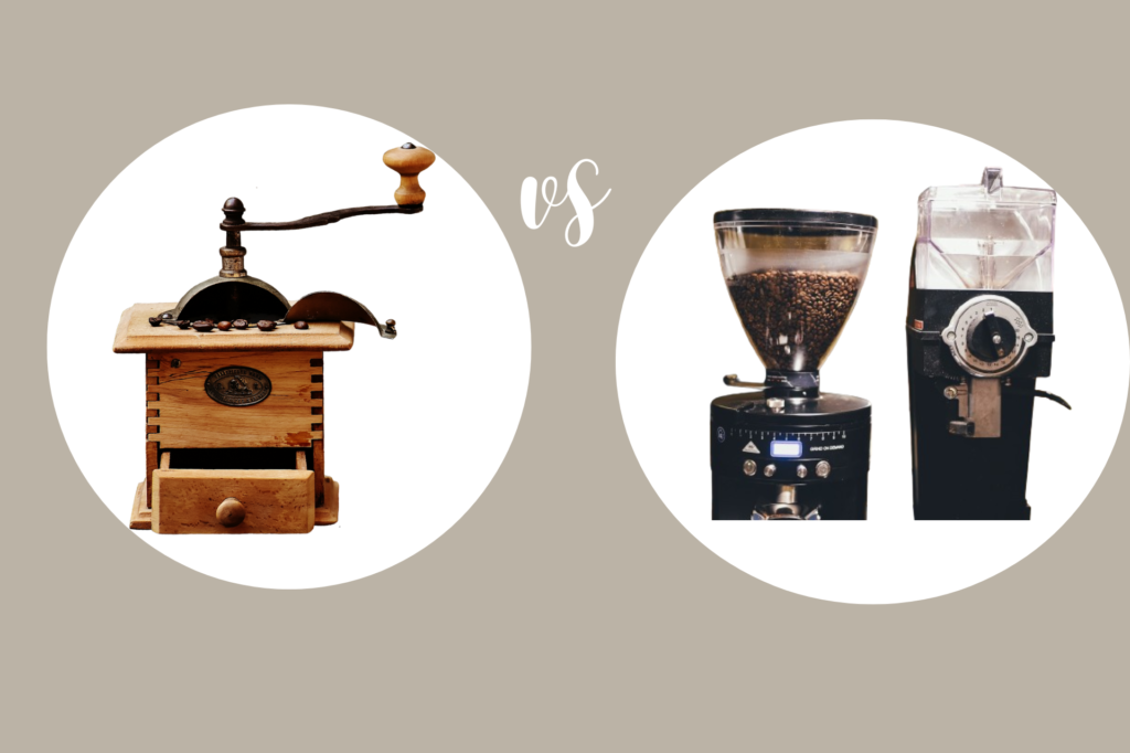 Comparison between a manual coffee grinder and two electric coffee grinders.