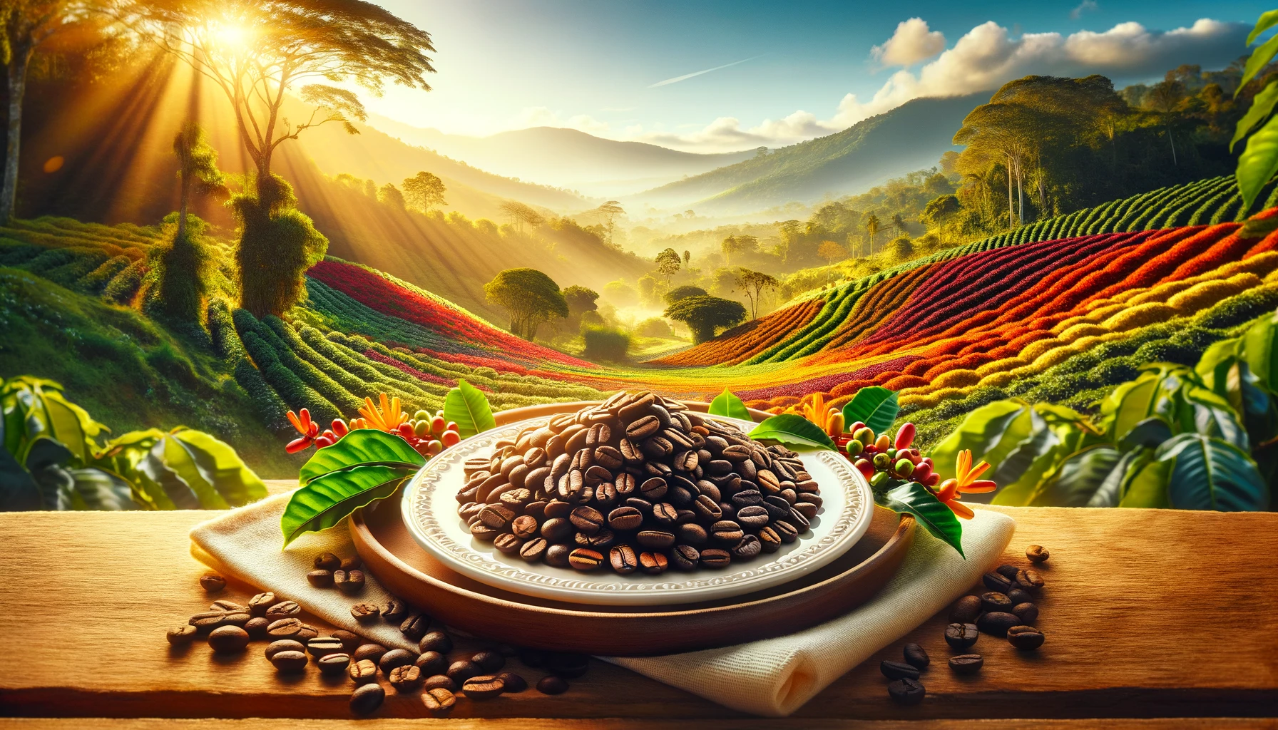 DALL·E 2024 02 08 11.18.45 A bright and elegant image that captures the vibrant spirit of Guatemalas finest coffee beans. The image should feature high quality freshly roasted