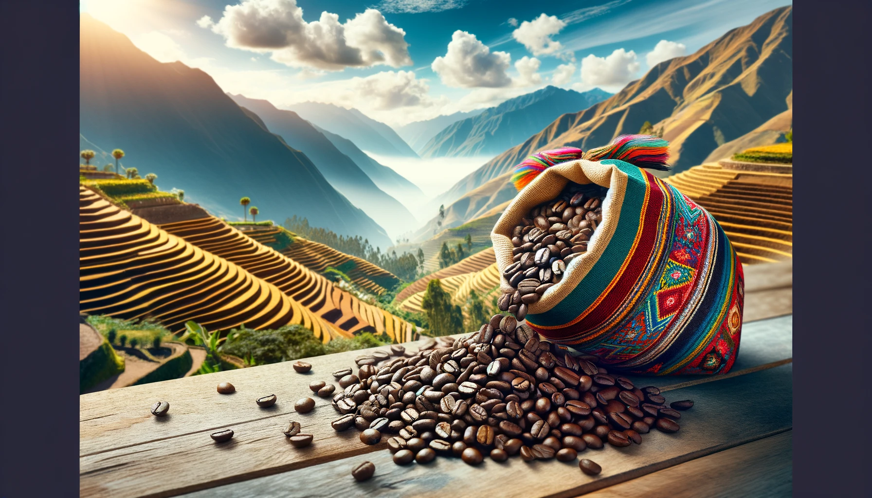 DALL·E 2024 02 08 10.42.19 A simple yet powerful image that captures the essence of Perus finest coffee beans. The image should depict high quality freshly roasted coffee bean