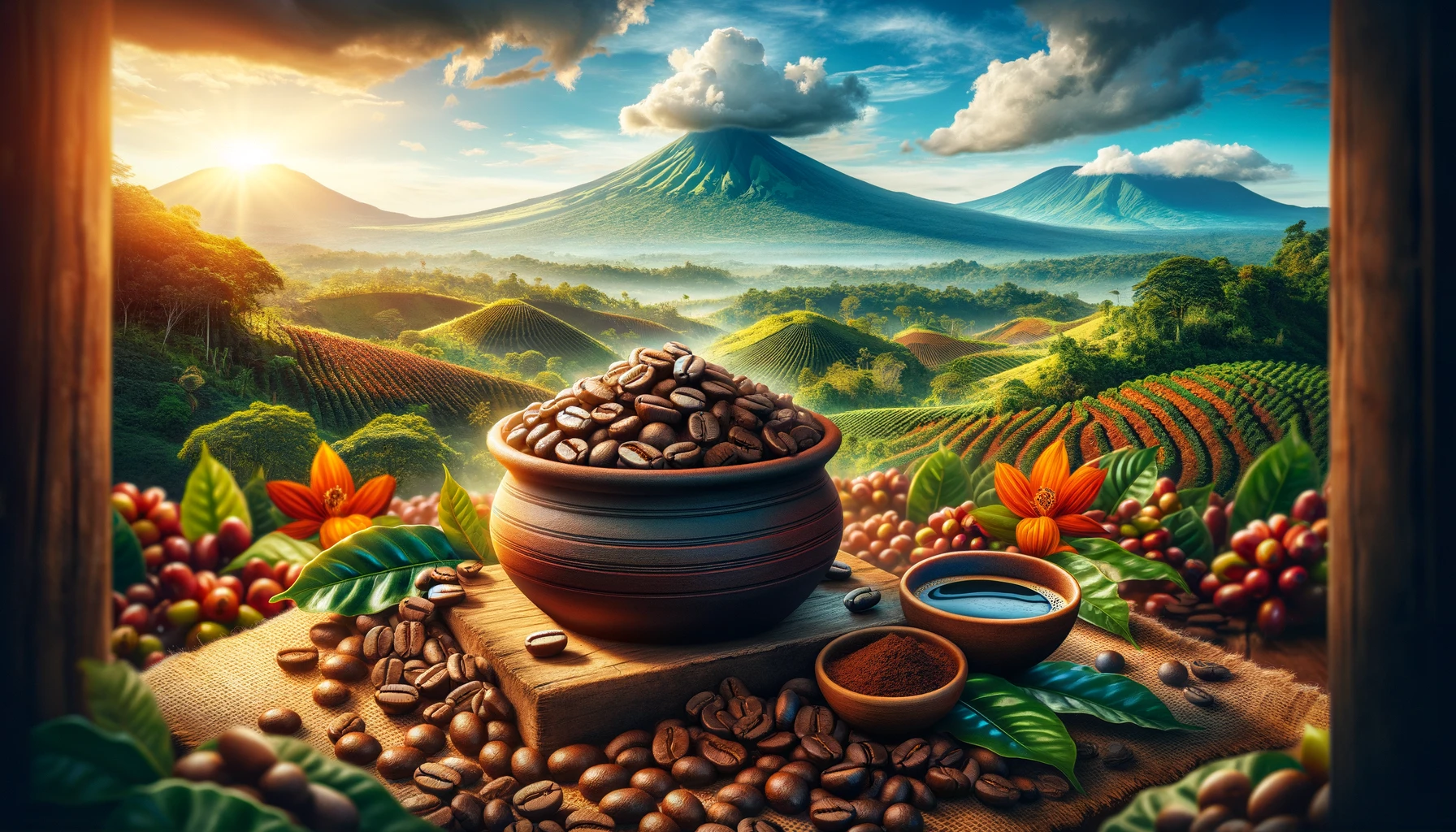 DALL·E 2024 02 08 11.09.10 A vibrant and inviting image that captures the essence of Nicaraguas finest coffee beans. The image should depict high quality freshly roasted coffe