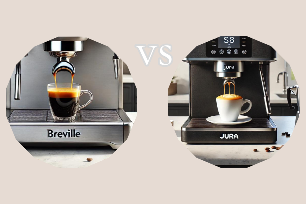 Comparison of Breville and Jura espresso machines, showing both brands side by side